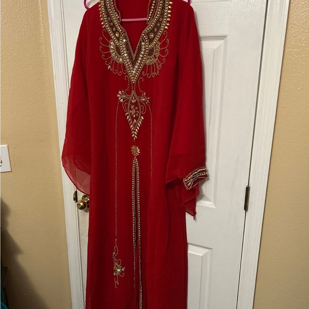 Elegant Red and Gold Embellishment Abaya